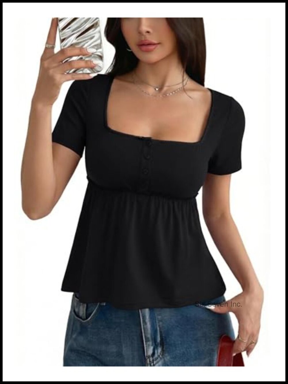 COCCKO Babydoll Top Short Sleeve Peplum Blouse Square Neck Button Down